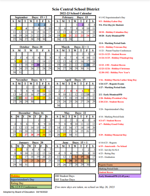 Scio Central School District Calendar 2022 and 2023 - PublicHolidays.com